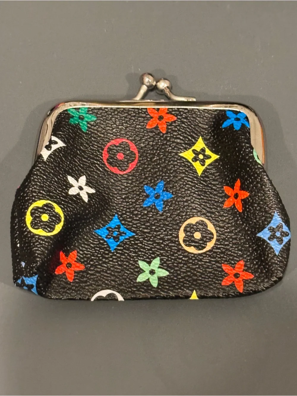 NIP Mini Kiss Lock Coin Purse Black Multicolor Floral Monogram Print